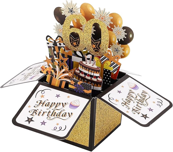 Happy 60th Birthday Pop-Up Card, Multicolored 60 Year Old Birthday 3D Cards with Envelopes Cool Sixty Birthday Popup Box Best 60th Birthday Gift Ideas for Men Women