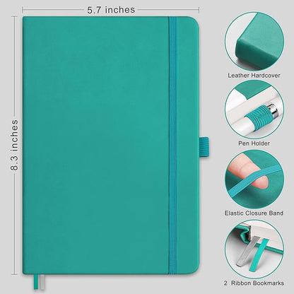 RETTACY Journaling Notebooks, A5 Lined Notebook Journal with 320 Numbered Pages, 5.7'' × 8.3'', Medium Size, Journal Notebook for Writing, Work, Leather Hardcover, 100 GSM Thick Paper (Cyan)
