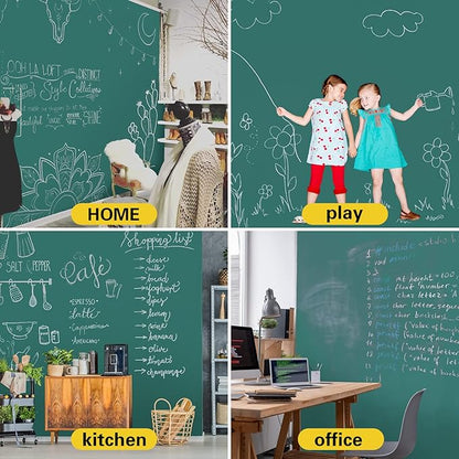 Chalkboard Wallpaper Stick and Peel: Green Contact Paper Classroom Chalkboard Stickers Chalk Board Paint Self Adhesive Wall Paper with 8 Colorful Chalks (35.4 X 78.7 Inches)