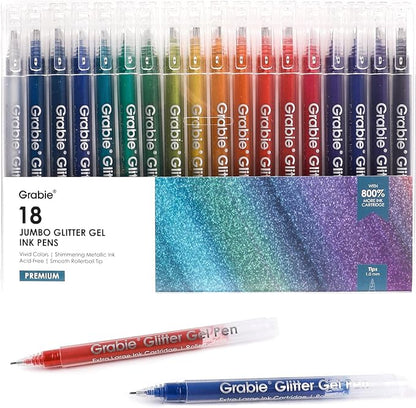 Grabie Jumbo Glitter Gel Ink Pen Set Of 18, Metallic Vibrant Sparkle Gel Pens for Coloring, Sparkle Glitter Markers, Glitter Pens for Adults (18 Colors Jumbo Glitter Gel Pens)