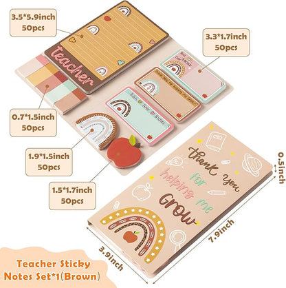 Boho Themed Teacher Sticky Notes Set, 550 Sheets, Thank You for Helping Me Grow Self-Stick Note Pads Teacher Appreciation Gift Writing Memo Pads Page Marker Back to School Supplies (Brown)