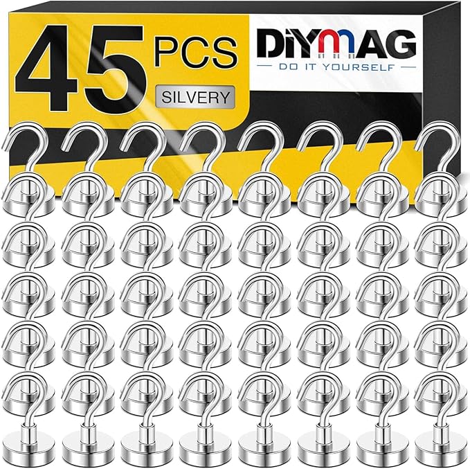 DIYMAG Magnetic Hooks for Refrigerator, Extra Strong Cruise Hook, Heavy Duty Earth Magnets with Hook for Hanging, Magnetic Hanger for Cabins, Grill (45P-Silver)