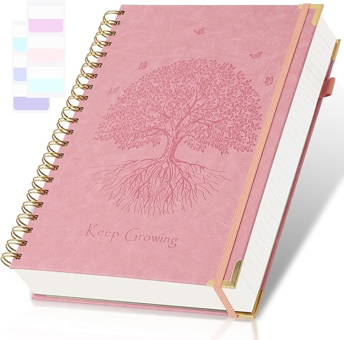 Spiral Notebook, College Ruled Notebook, A5, 300 Pages Leather Journals for Writing, 5.7" x 8.5", Hardcover Journaling Notebooks for Work School, 24pcs Tabs, Large Embossed Journal for Women Men, Pink
