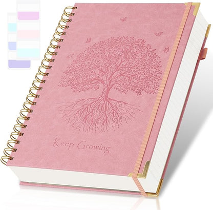 Spiral Notebook, College Ruled Notebook, A5, 300 Pages Leather Journals for Writing, 5.7" x 8.5", Hardcover Journaling Notebooks for Work School, 24pcs Tabs, Large Embossed Journal for Women Men, Pink
