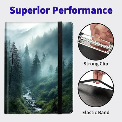 Forest in Rain PU Leather Padfolio Clipboard Notepad with Pen Loop and Elastic Strap Interview/Resume Document Organizer for Business School Office