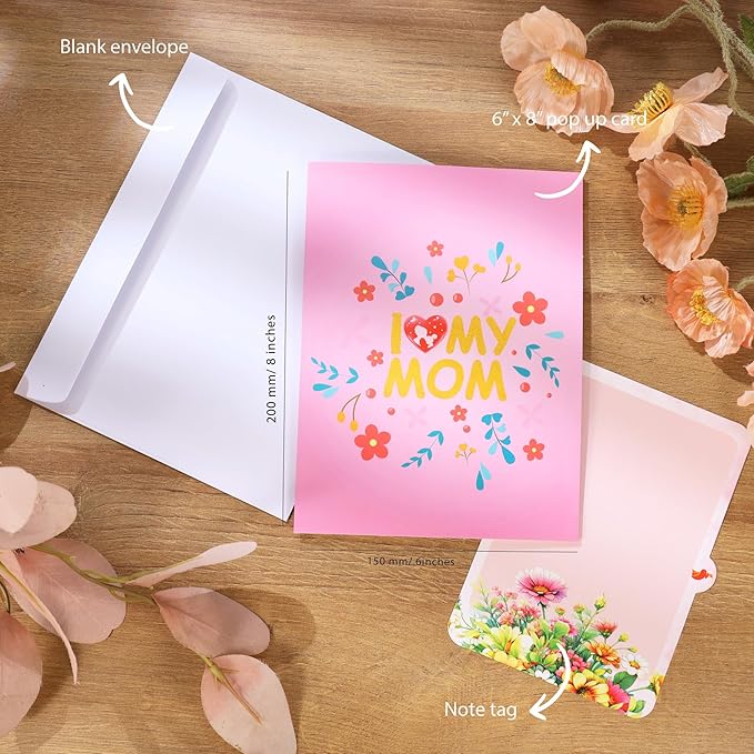 I Love My Mom Pop Up Card Mothers Day, Happy Mothers Day Pop Up Card, 3D Flower and Butterfly Greeting Cards Gift For Mom, Wife, Mother in law All Occasion, 8" X 6" With Envelope and Note Tag