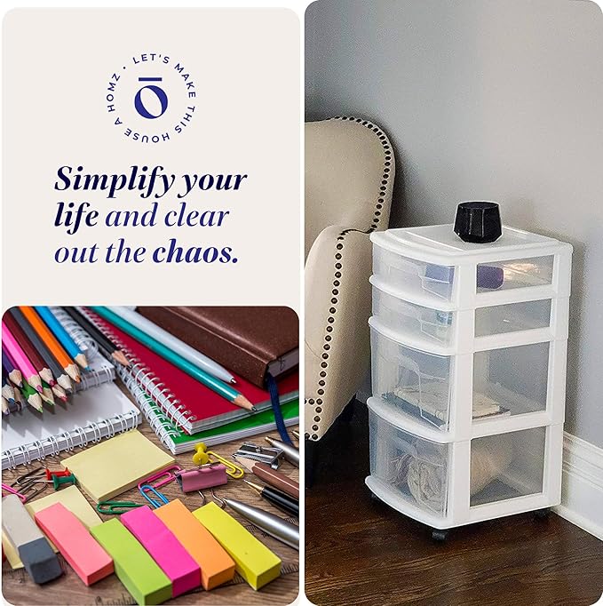 HOMZ 4-Drawer Plastic Storage Cart Organizer with Removable Wheels, White Frame