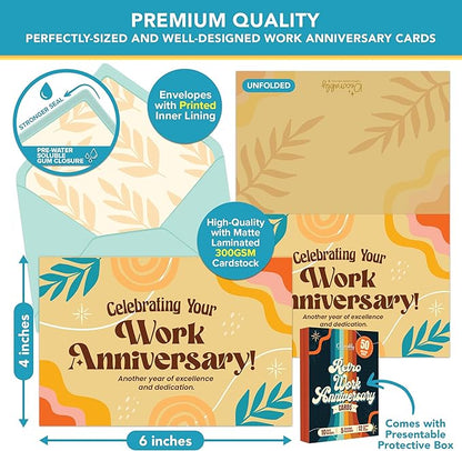 Decorably 50 Pack 6x4in Happy Work Anniversary Cards with Envelopes and Stickers, 10 Retro Designs Work Anniversary Cards for Employees, Blank Inside