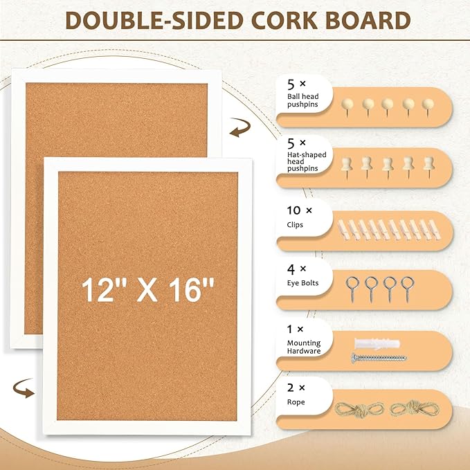 Double-Sided Cork Board for Wall, 16" x 12" Hanging Wood Framed Small Bulletin Board, Picture Display Vision Board Corkboards for Wall Room School Office Decor, 20 Pushpins (Vintage White)