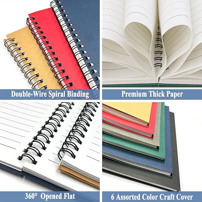 GINMLYDA Small Spiral Notebook 12Pack, 120 Lined Pages 8.25x5.50 Inches Spiral Journal Kraft Cover Notebooks & Writing Pads for School Home Office Aesthetic Sketch Drawing Note