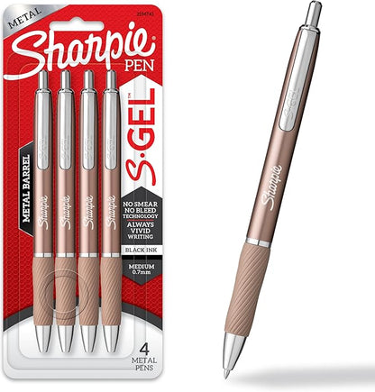 Sharpie S-Gel, Gel Pens, Sleek Metal Barrel, Champagne, Medium Point (0.7mm), Black Ink, 4 Count