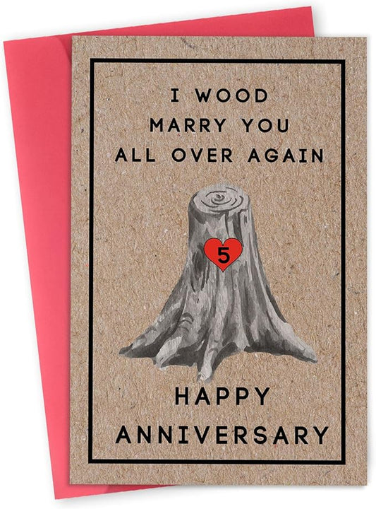 Happy 5th Anniversary Card for Women Men, 5th Wedding Anniversary Wood Card for Him Her,Fifth Anniversary Card for Boyfriend, 5 Years Married Gift for Husband