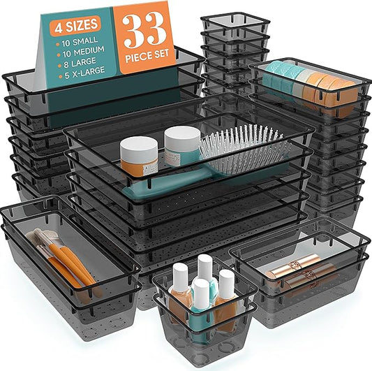 33 PCS Clear Plastic Drawer Organizers Set, 4 Size Desk Drawer Organizer Trays for Makeup, Jewelry, Kitchen Utensils, Gadgets and Office Accessories, Black