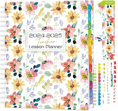 Teacher Planner 2024-2025, Weekly and Monthly Planners 2024-2025 for Women & Men in Aug.2024 - Jul.2025, 8.5"x 11" Marked Tabs, Hardcover with Elastic Closure, Back Pocket, Twin-Wire Binding (Flower)