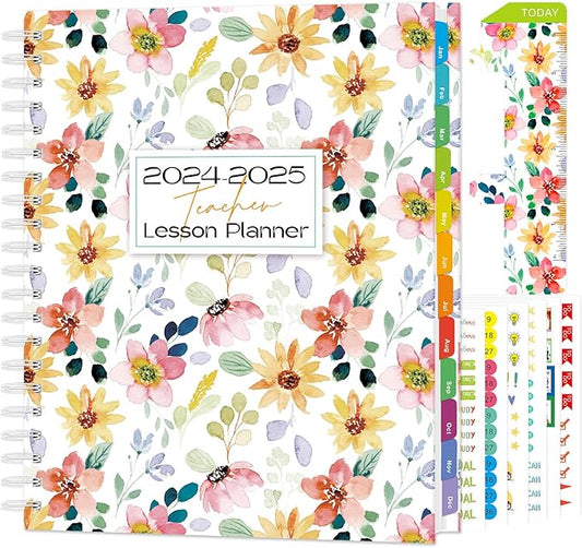Teacher Planner 2024-2025, Weekly and Monthly Planners 2024-2025 for Women & Men in Aug.2024 - Jul.2025, 8.5"x 11" Marked Tabs, Hardcover with Elastic Closure, Back Pocket, Twin-Wire Binding (Flower)