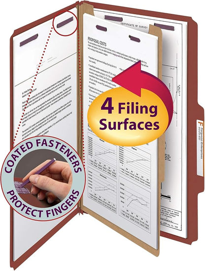 Smead Pressboard Classification File Folder with SafeSHIELD Fasteners, 1 Divider, 2" Expansion, Legal Size, Red, 10 per Box (18775)