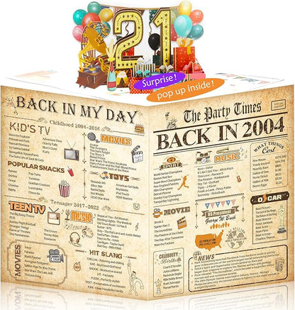 21st Birthday Card for Girls Boys, 3D Pop Up 21st Birthday Gifts Cards, Happy 21 Birthdays Decorations for 21 Year Old Son Daughter, Funny Back In 2004, Classy Vintage