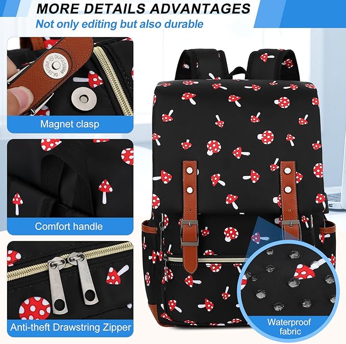 Vintage Travel Laptop Backpack with USB Charging Port, Business Outdoor Sports Bag for Men Women.(Mushroom)