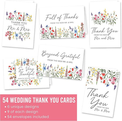 54 Wildflower Wedding Thank You Cards with Envelopes Wedding - Bulk Thank You Cards Wedding with Envelopes, Elegant Thank You Wedding Cards with Envelopes, Wedding Thank You Notes Wedding Cards Bulk