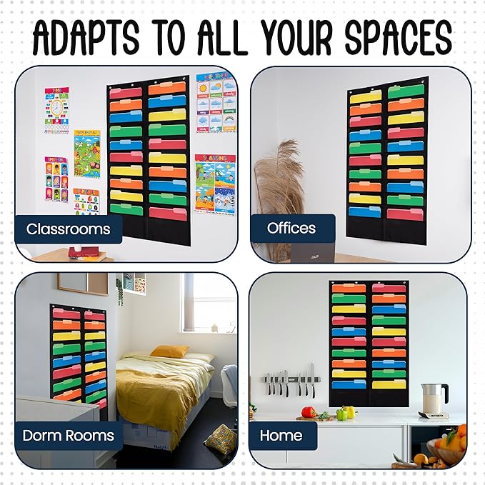 20 Pocket File Pocket Chart, Black, 28" Wide x 46" Tall - Versatile Wall Hanging File Folder Organizer for Classroom, Office, Home, and More - Wall Folder Organizer - 20 Pockets