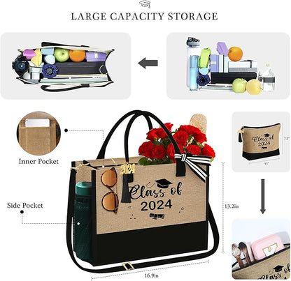 YOOLIFE Christmas Gifts for Women - Initial Jute Tote Bag & Makeup Bag, Birthday Gifts for Women Her Mom Teacher Friend