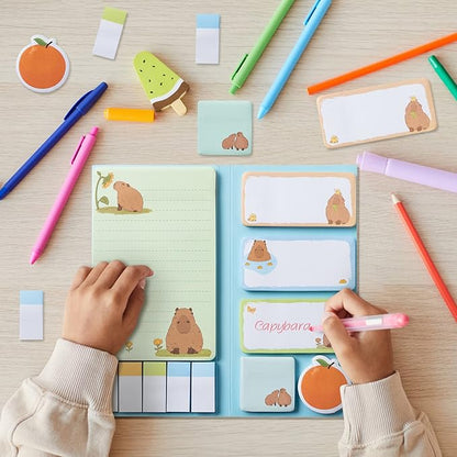Don't Worry Be Capy Sticky Notes Set, 550 Sheets, Capybara and Orange Pattern Self-Stick Notes Pads Animal Divider Tabs Bundle Writing Memo Pads Back to School Office Supplies Small Gift