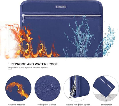 Fireproof Safe Accordion File Organizer Bag Folder,Waterproof Expanding Filing Folder with 14 Pockets, A4 Letter Size, Document Organizer Holder and Color Labels /2 Zipper, Navy Blue 14.3" x 9.8"