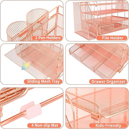 Desk Accessories - Workspace Organizer with 2 Pen Holders, 4 Tier Paper Organizer (Rose Gold)