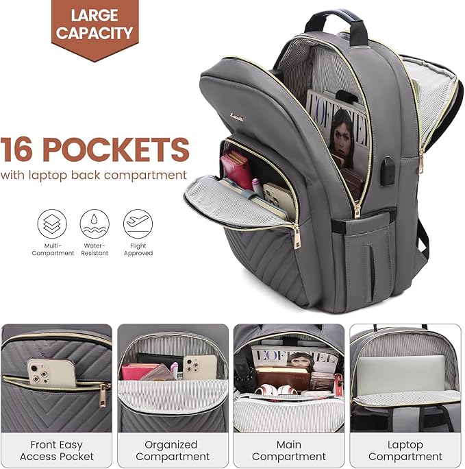 LOVEVOOK Laptop Backpack for Women 15.6 inch,Cute Womens Travel Purse,Professional Computer Bag,Waterproof Work Business College Teacher Bag Carry on with USB Port,Purple Gray