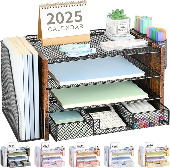 Desk Organizers and Accessories, Desk Accessories & Workspace Organizers for Office Supplies, File Organizer Desk Drawer Organizer with 2 Pen Holders, 4 Tier Paper Organizer for Desk(Wood)