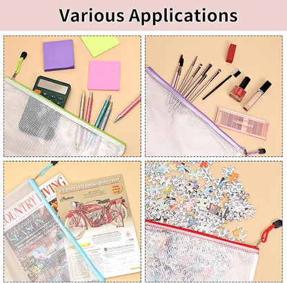 EOOUT 72pcs Mesh Zipper Pouch, A4 Size, 12 Colors Zipper Bags for Organizing Storage, Waterproof Puzzle Bag, Zipper File Bags for Board Games and School Office Supplies