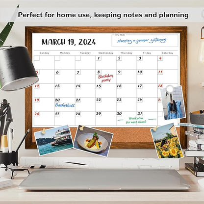 Dry Erase Monthly Calendar Board for Wall, 17"x13" Hanging Board, Magnetic White Boards, Rustic Brown Wood Frame White Board Cork Board Combo, Calendar Bulletin Board for Kitchen Planner Memo Office