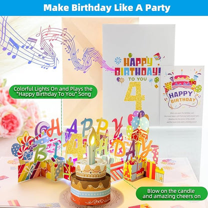 Gumry 4TH Musical Birthday PopUp Card, Blowable Colorful Light Candle 3D Cards with Song, Applause Cheers Sound, Greeting Cards Birthday Gifts Decorations for Daughter Son Turning 4 Years Old