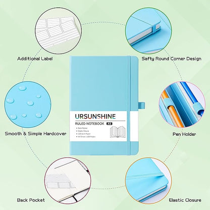 Ruled Notebook/Journal - Classic Lined Journal/Notebook, Hardcover with Thick Paper, 5.3" x 8.26", Banded + Pen Holder +Inner Pocket - Sky Blue