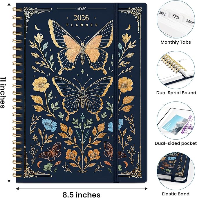 2026 Planner, Weekly and Monthly Planner for Women, January 2026 to December 2026, Pretty Hardcover 2026 Calendar Planner Book with Tabs, Inner Pocket, Spiral Bound, Perfect Office Home School Supplies - 8.5" x 11", Golden Butterfly