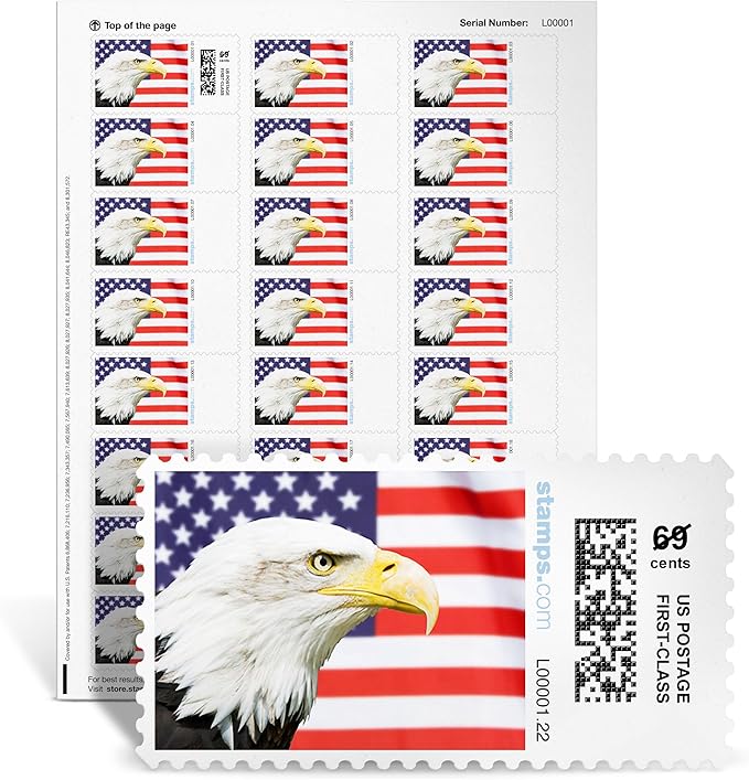 Bald Eagle NetStamps 120-Pack (5 Sheets) Printable Postage Labels (Stamps.com Subscription Required) - Print Approved Postage - Inkjet & Laser Printers - Business, Personal, Home