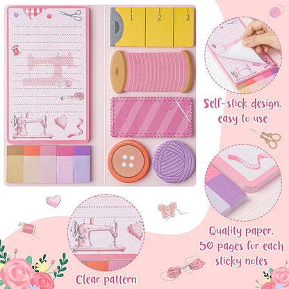 Retro Sewing Sticky Notes Set - Any Day Spent Sewing is A Good Day Self-Stick Note Pads Teacher Appreciation Notepads Writing Memo Pad Page Marker Back to School Office Supplies (Pink)