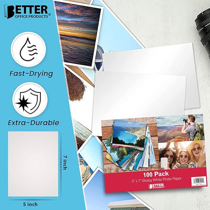 Better Office Products Premium Glossy Photo Paper, 5 x 7 inch, 100 Sheets, 200gsm, 5 x 7, 100-Count Pack