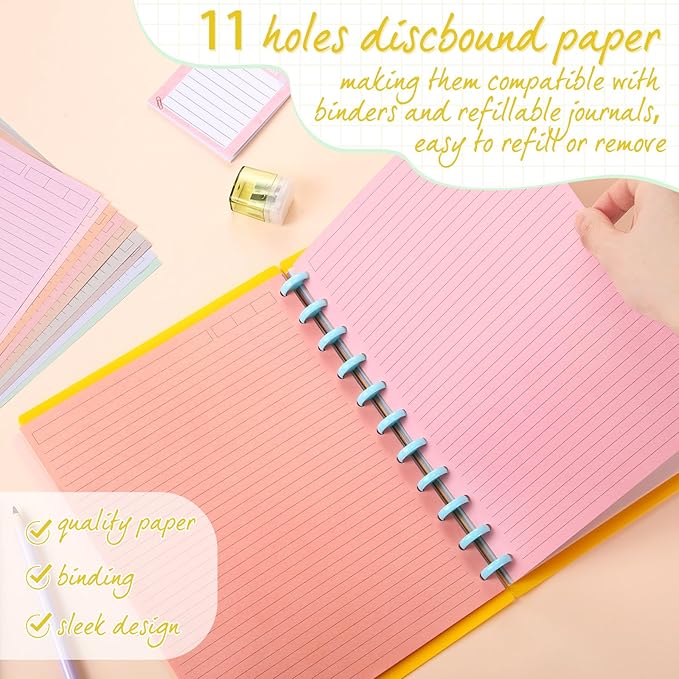 PerKoop 12 Pack 480 Sheets Colored Discbound Refill Paper 8.5 x 11 Inch College Ruled 11 Disc Letter Size Lined Paper Multicolored Refill Notebooks Disc Paper for Refill Paper Journaling(Soft Color)