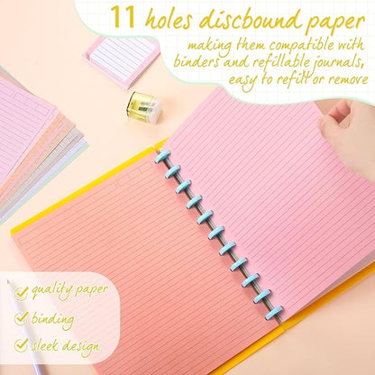 PerKoop 12 Pack 480 Sheets Colored Discbound Refill Paper 8.5 x 11 Inch College Ruled 11 Disc Letter Size Lined Paper Multicolored Refill Notebooks Disc Paper for Refill Paper Journaling(Soft Color)