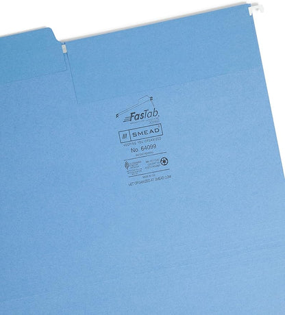 Smead FasTab Hanging File Folder, 1/3-Cut Built-in Tab, Letter Size, Blue(64099), (Pack of 10, 200 Count Total)