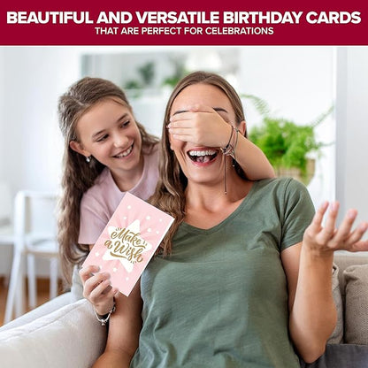 Decorably 24 Pack Foiled and Glittery Assorted 6x4in Box of Birthday Cards with Envelopes and Stickers, 24 Unique Designs Birthday Card Pack with Printed Message Inside