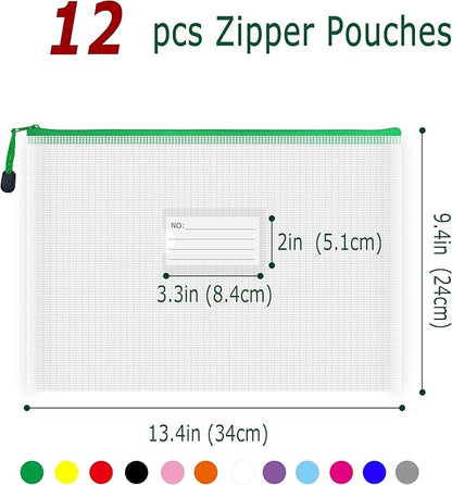 AUSTARK Plastic Mesh Zipper Pouch, 12 Pcs Zipper File Bags with Label Pocket, Game Boards Storage Bags, Waterproof Document Storage Bags for Office Home Travel Cosmetic (A4 Size 13.4 x 9.4 in)