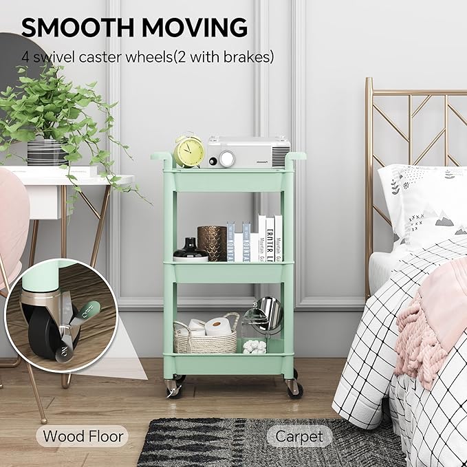 3-Tier Utility Rolling Cart with Cover Top Board, Mobile Utility Cart with Lockable Casters Multi-Functional Storage Trolley for Office, Bathroom, Kitchen, Garden, Laundry Room (Green)