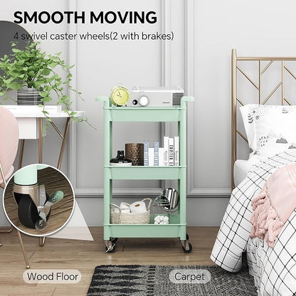 3-Tier Utility Rolling Cart with Cover Top Board, Mobile Utility Cart with Lockable Casters Multi-Functional Storage Trolley for Office, Bathroom, Kitchen, Garden, Laundry Room (Green)