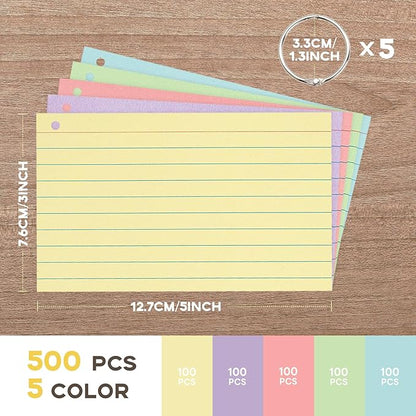 500PCS 3x5 Colored Index Cards with Ring Ruled-Goefun Lined Note Cards 3 x 5 Color Flashcards with Ring for Studying, Note Taking, To Do List