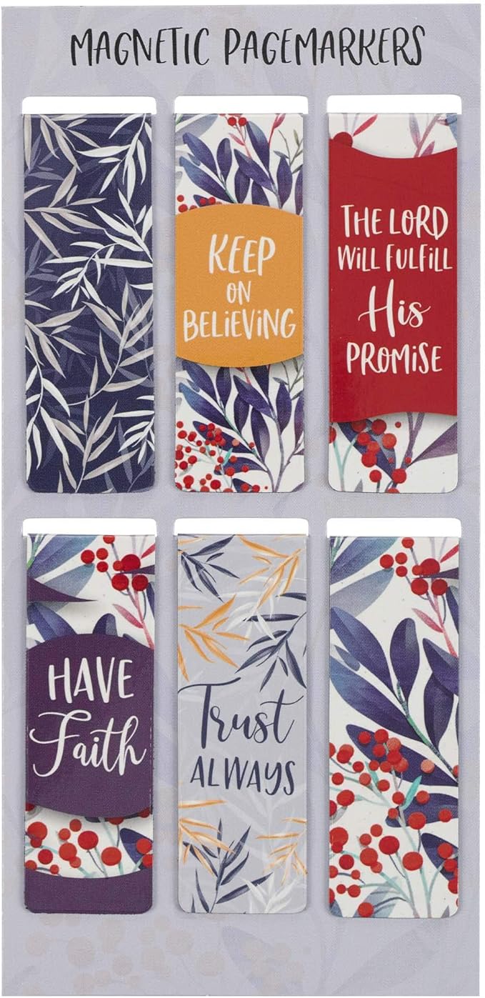 Christian Art Gifts Beloved Magnetic Scripture Bookmark Set for Men and Women: Trust Always - Inspirational Magnetic Pagemarkers Set of 6 for Bibles and Books, Leaf and Berry Themed, Size 2.3" x 0.75"