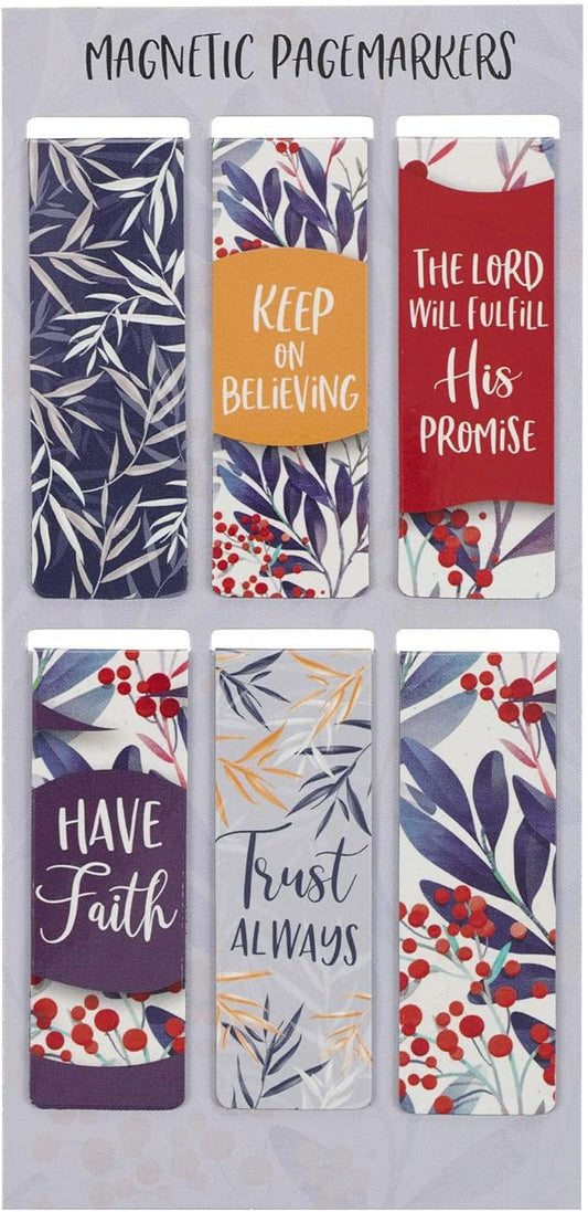 Christian Art Gifts Beloved Magnetic Scripture Bookmark Set for Men and Women: Trust Always - Inspirational Magnetic Pagemarkers Set of 6 for Bibles and Books, Leaf and Berry Themed, Size 2.3" x 0.75"