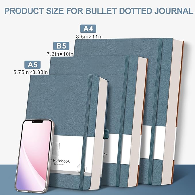 AHGXG Bullet Dotted Journal - 320 Pages Dot Grid Notebook B5 Large Journal, 100gsm Thick Dotted Paper, Leather Softcover, with Journal Stencils, Inner Pocket, 7.6'' X 10'' - GrayBlue