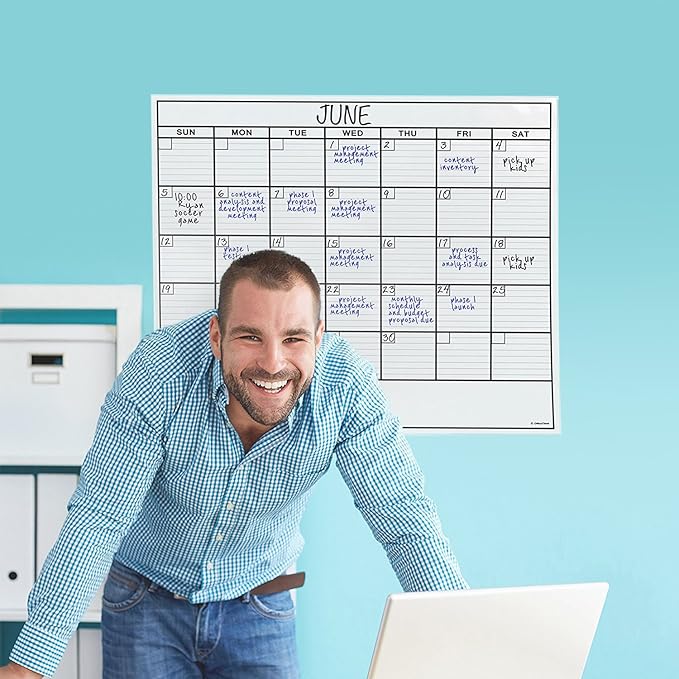 Dry Erase Laminated Jumbo Wall Calendar, Huge 24-inch by36-Inch Size, Monthly Planner for Home Office, Classroom, Large Date Boxes, Reusable Film, Never Folded, Includes 5 Markers, 8 Tacks. I Eraser